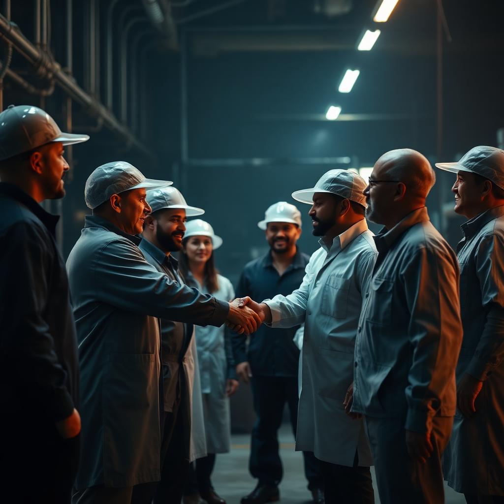 Workers and owners collaborating on a factory floor, representing shared prosperity.