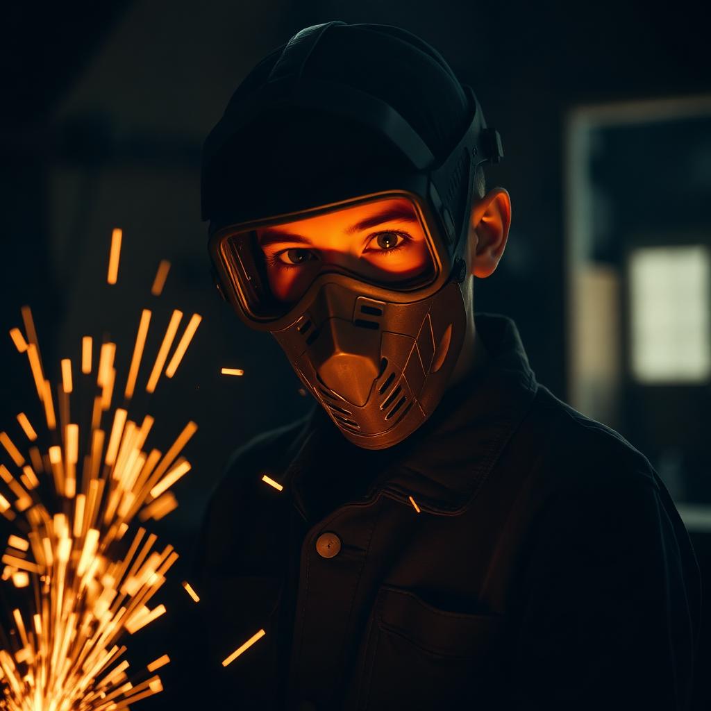A young apprentice learning welding in a trades classroom.